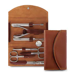 Luxury Genuine Cowhide Leather Manicure Set - Color: Brown, Pack: 7 Piece