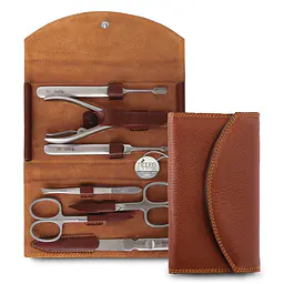 Luxury Genuine Cowhide Leather Manicure Set - Color: Brown, Pack: 7 Piece