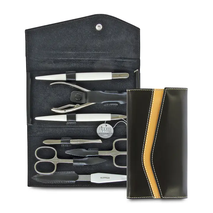 Luxury Leather 7 Piece Nickel-Plated Manicure Set - Black / Brown - Master