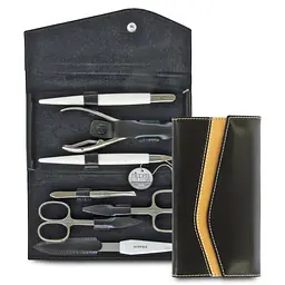 Luxury Leather 7 Piece Nickel-Plated Manicure Set - Black / Brown - Master